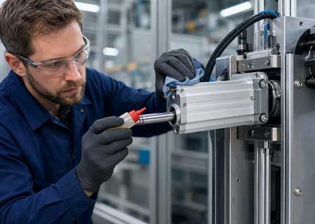 Technician inspecting an electric linear actuator